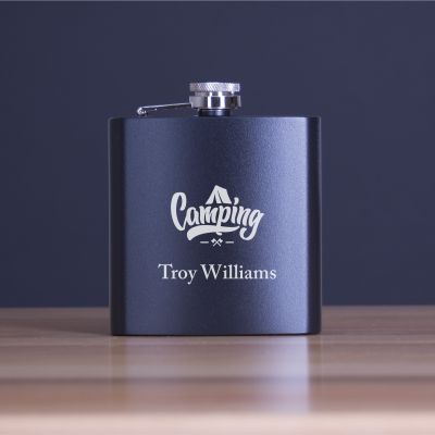 Engraved Camping - Personalized 6oz Matte Black Powder Coated Stainless Steel FSK602