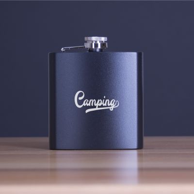 Engraved Fancy Font Camping - Personalized 6oz Matte Black Powder Coated Stainless Steel FSK602