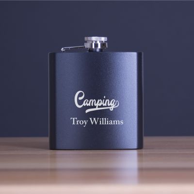 Engraved Fancy Font Camping - Personalized 6oz Matte Black Powder Coated Stainless Steel FSK602