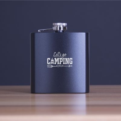 Engraved Lets Go Camping - Personalized 6oz Matte Black Powder Coated Stainless Steel FSK602