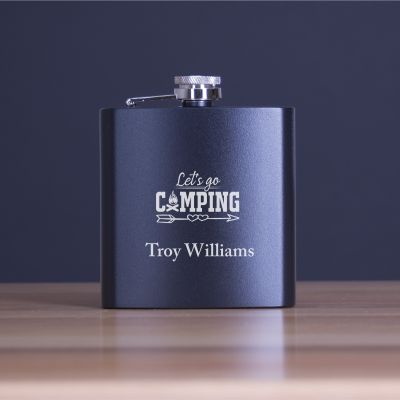 Engraved Lets Go Camping - Personalized 6oz Matte Black Powder Coated Stainless Steel FSK602