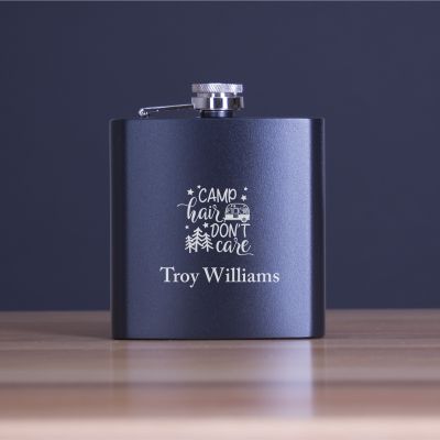 Engraved Camp Hair Do Not Care - Personalized 6oz Matte Black Powder Coated Stainless Steel FSK602