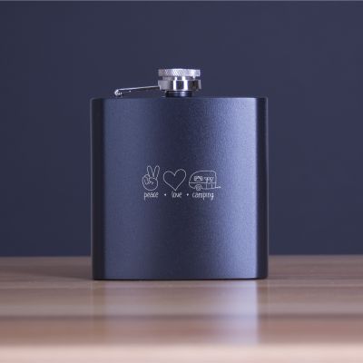 Engraved Peace Love Camping - Personalized 6oz Matte Black Powder Coated Stainless Steel FSK602