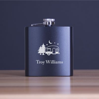 Engraved Camping Trailer - Personalized 6oz Matte Black Powder Coated Stainless Steel FSK602
