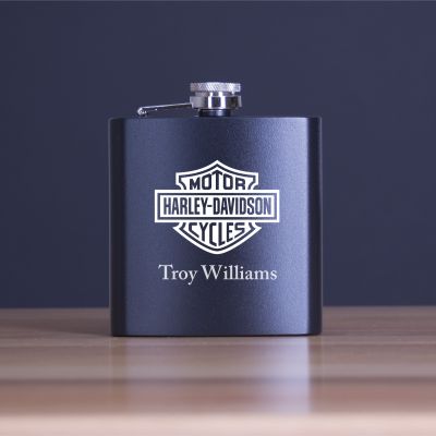Custom Engraved Motor Harley Davidson Cycles - Personalized 6oz Matte Black Powder Coated Stainless Steel FSK602