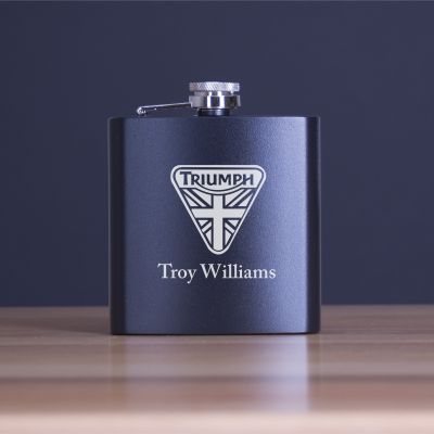 Custom Engraved Triumph Flag Logo - Personalized 6oz Matte Black Powder Coated Stainless Steel FSK602