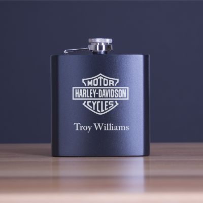 Custom Engraved Motor Harley Davidson Cycles Logo- Personalized 6oz Matte Black Powder Coated Stainless Steel FSK602