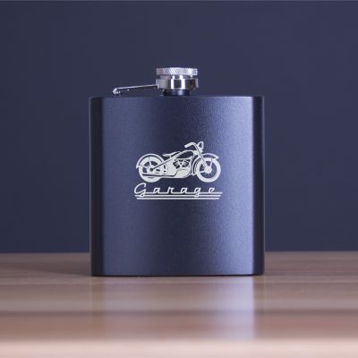 Custom Engraved Motorcyle Garage - Personalized 6oz Matte Black Powder Coated Stainless Steel FSK602