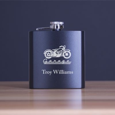 Custom Engraved Motorcyle Garage - Personalized 6oz Matte Black Powder Coated Stainless Steel FSK602