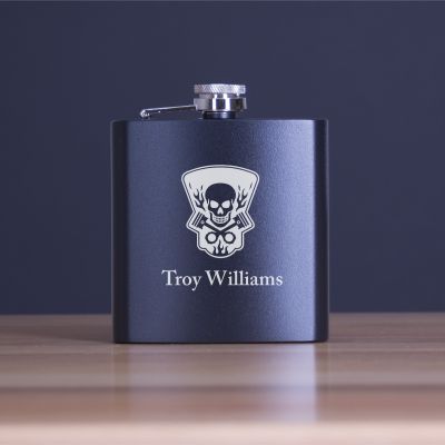 Custom Engraved Skull and Pistons Logo - Personalized 6oz Matte Black Powder Coated Stainless Steel FSK602
