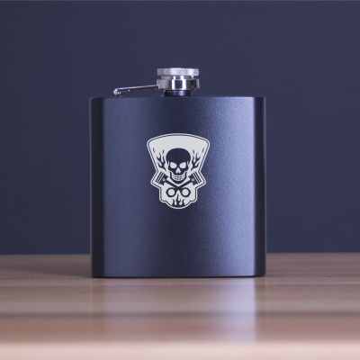 Custom Engraved Skull and Pistons Logo - Personalized 6oz Matte Black Powder Coated Stainless Steel FSK602