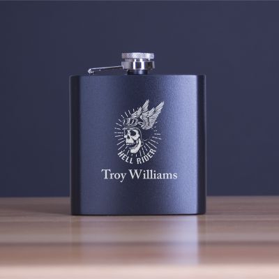 Custom Engraved Hell Rider Logo - Personalized 6oz Matte Black Powder Coated Stainless Steel FSK602