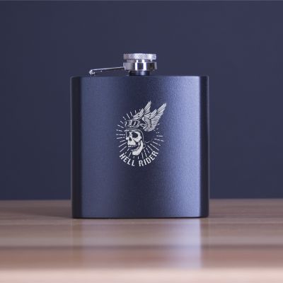 Custom Engraved Hell Rider Logo - Personalized 6oz Matte Black Powder Coated Stainless Steel FSK602