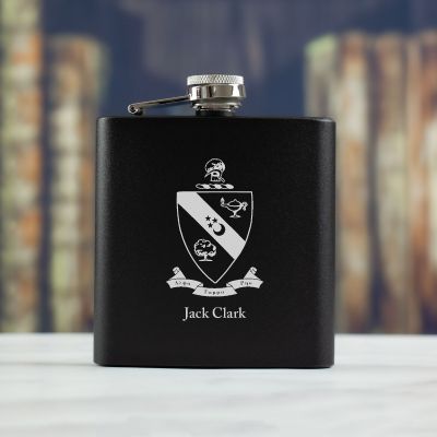 Personalized 6oz Matte Black Powder Coated Stainless Steel FSK602 Custom Engraved Alpha Gamma Rho Coat of Arms