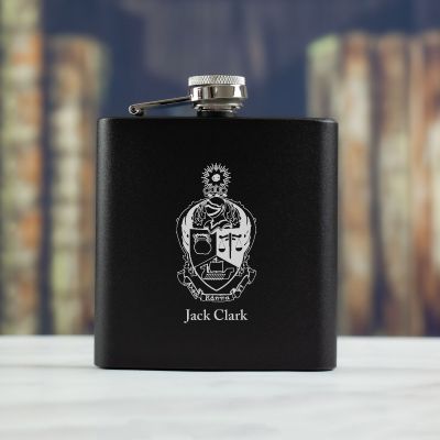 Personalized 6oz Matte Black Powder Coated Stainless Steel FSK602 Custom Engraved Alpha Kappa Psi Coat of Arms