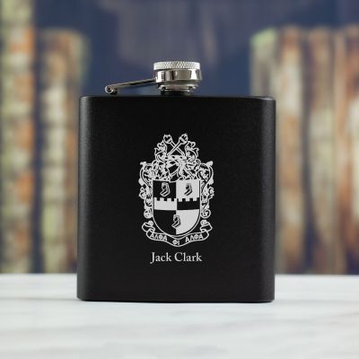 Personalized 6oz Matte Black Powder Coated Stainless Steel FSK602 Custom Engraved Alpha Phi Alpha Coat of Arms