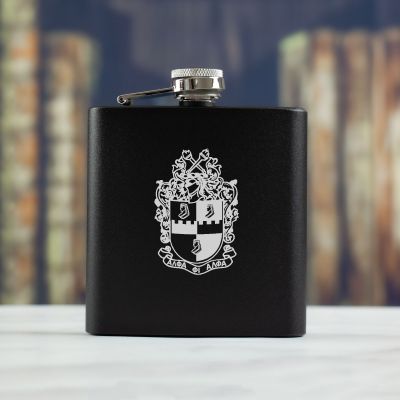 Personalized 6oz Matte Black Powder Coated Stainless Steel FSK602 Custom Engraved Alpha Phi Alpha Coat of Arms