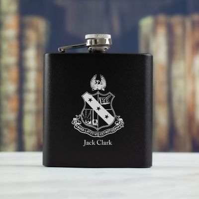 Personalized 6oz Matte Black Powder Coated Stainless Steel FSK602 Custom Engraved Alpha Sigma Phi Coat of Arms