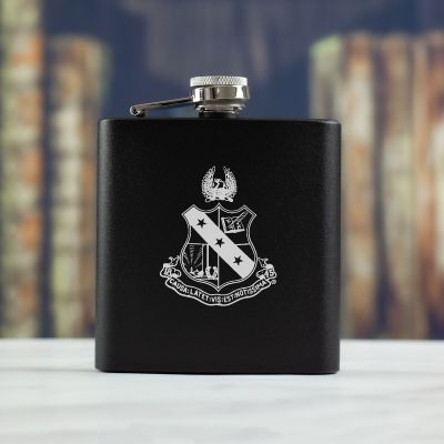 Personalized 6oz Matte Black Powder Coated Stainless Steel FSK602 Custom Engraved Alpha Sigma Phi Coat of Arms