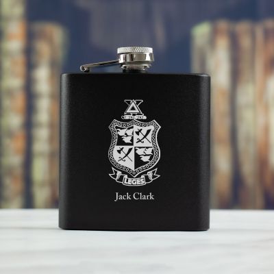 Personalized 6oz Matte Black Powder Coated Stainless Steel FSK602 Custom Engraved Delta Chi Coat of Arms