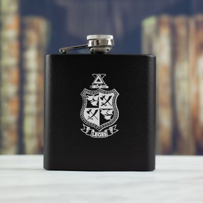 Personalized 6oz Matte Black Powder Coated Stainless Steel FSK602 Custom Engraved Delta Chi Coat of Arms