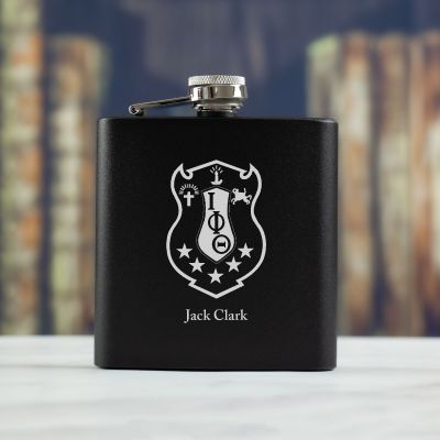 Personalized 6oz Matte Black Powder Coated Stainless Steel FSK602 Custom Engraved Iota Phi Theta Coat of Arms