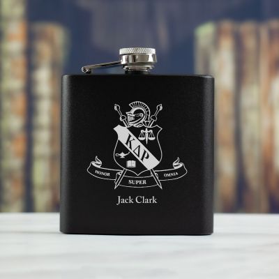 Personalized 6oz Matte Black Powder Coated Stainless Steel FSK602 Custom Engraved Kappa Delta Rho Coat of Arms