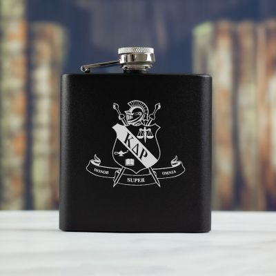 Personalized 6oz Matte Black Powder Coated Stainless Steel FSK602 Custom Engraved Kappa Delta Rho Coat of Arms