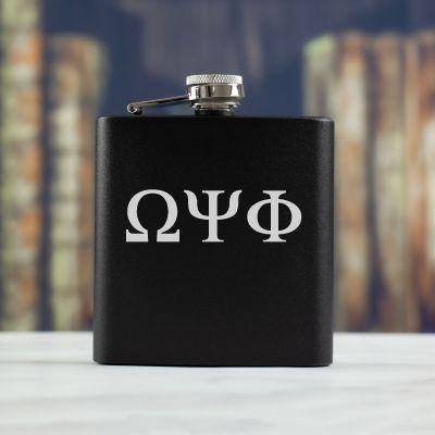 Personalized 6oz Matte Black Powder Coated Stainless Steel FSK602 Custom Engraved Omega Psi Phi