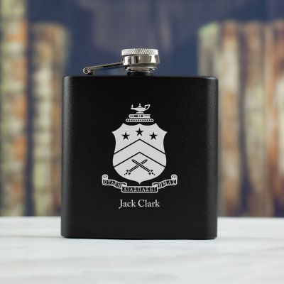 Personalized 6oz Matte Black Powder Coated Stainless Steel FSK602 Custom Engraved Pi Kappa Phi Coat of Arms