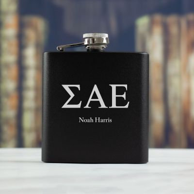 Personalized 6oz Matte Black Powder Coated Stainless Steel FSK602 Custom Engraved Sigma Alpha Epsilon