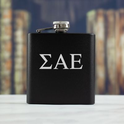Personalized 6oz Matte Black Powder Coated Stainless Steel FSK602 Custom Engraved Sigma Alpha Epsilon