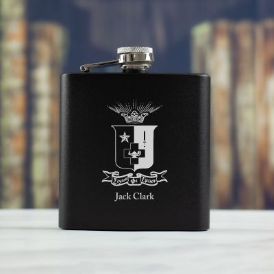 Personalized 6oz Matte Black Powder Coated Stainless Steel FSK602 Custom Engraved Sigma Phi Epsilon Coat of Arms