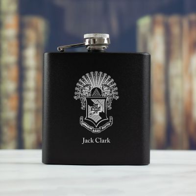 Personalized 6oz Matte Black Powder Coated Stainless Steel FSK602 Custom Engraved Sigma Pi Coat of Arms