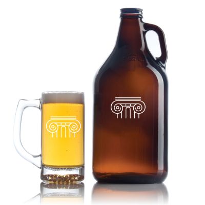 Engraved Greek Column - Personalized Amber Growler with Cap - Includes Beer Glass