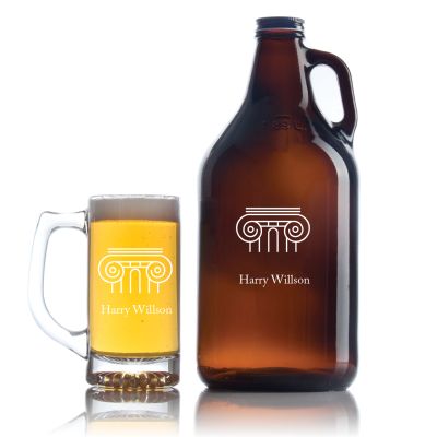 Engraved Greek Column - Personalized Amber Growler with Cap - Includes Beer Glass