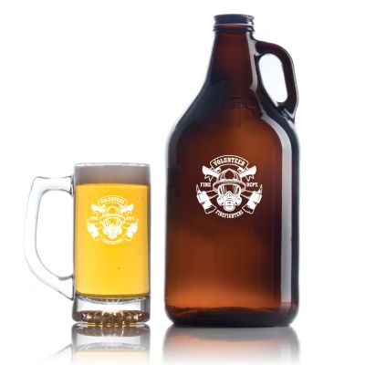 Engraved Volunteer Fire Fighter with Mask - Personalized Amber Growler with Cap - Includes Beer Glass