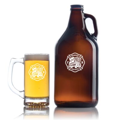 Engraved Volunteer Fire Fighter Truck - Personalized Amber Growler with Cap - Includes Beer Glass