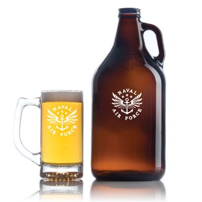 Engraved Naval Air Force - Personalized Amber Growler with Cap - Includes Beer Glass