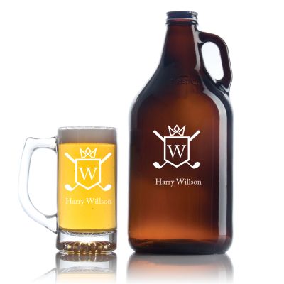 Engraved Golf - Personalized Amber Growler with Cap - Includes Beer Glass