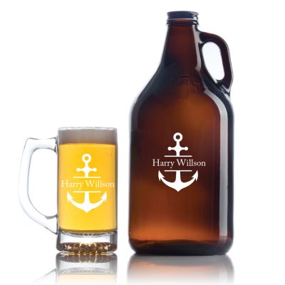 Engraved Anchor - Personalized Amber Growler with Cap - Includes Beer Glass