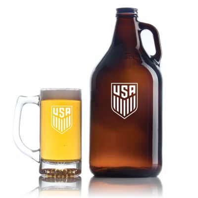 Engraved Mens Soccer Team - Personalized Amber Growler with Cap - Includes Beer Glass