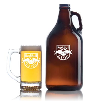 Engraved Red Bull Soccer - Personalized Amber Growler with Cap - Includes Beer Glass