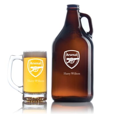 Engraved Arsenal Football Club - Personalized Amber Growler with Cap - Includes Beer Glass