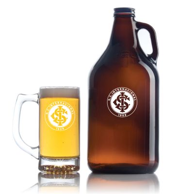 Engraved S.C International - Personalized Amber Growler with Cap - Includes Beer Glass