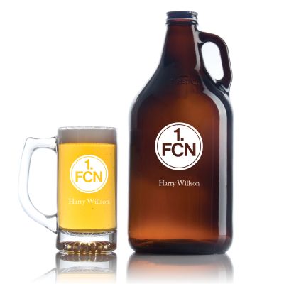 Engraved 1. FC Nurnberg - Personalized Amber Growler with Cap - Includes Beer Glass