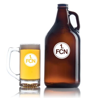 Engraved 1. FC Nurnberg - Personalized Amber Growler with Cap - Includes Beer Glass