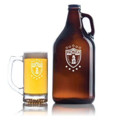 Engraved C.F. Pachuca - Personalized Amber Growler with Cap - Includes Beer Glass