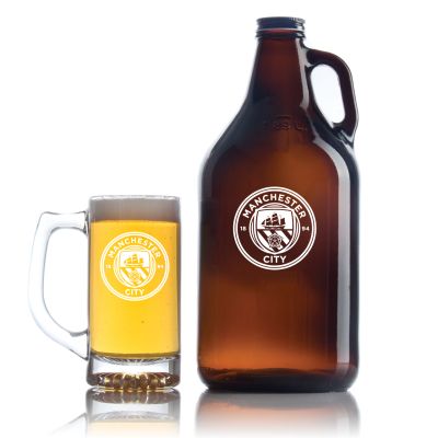 Engraved Manchester City FC - Personalized Amber Growler with Cap - Includes Beer Glass