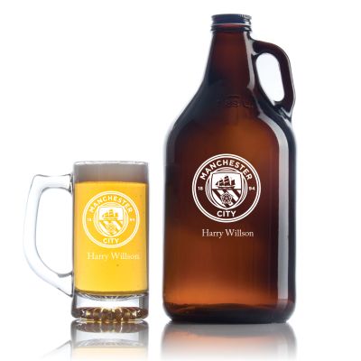 Engraved Manchester City FC - Personalized Amber Growler with Cap - Includes Beer Glass